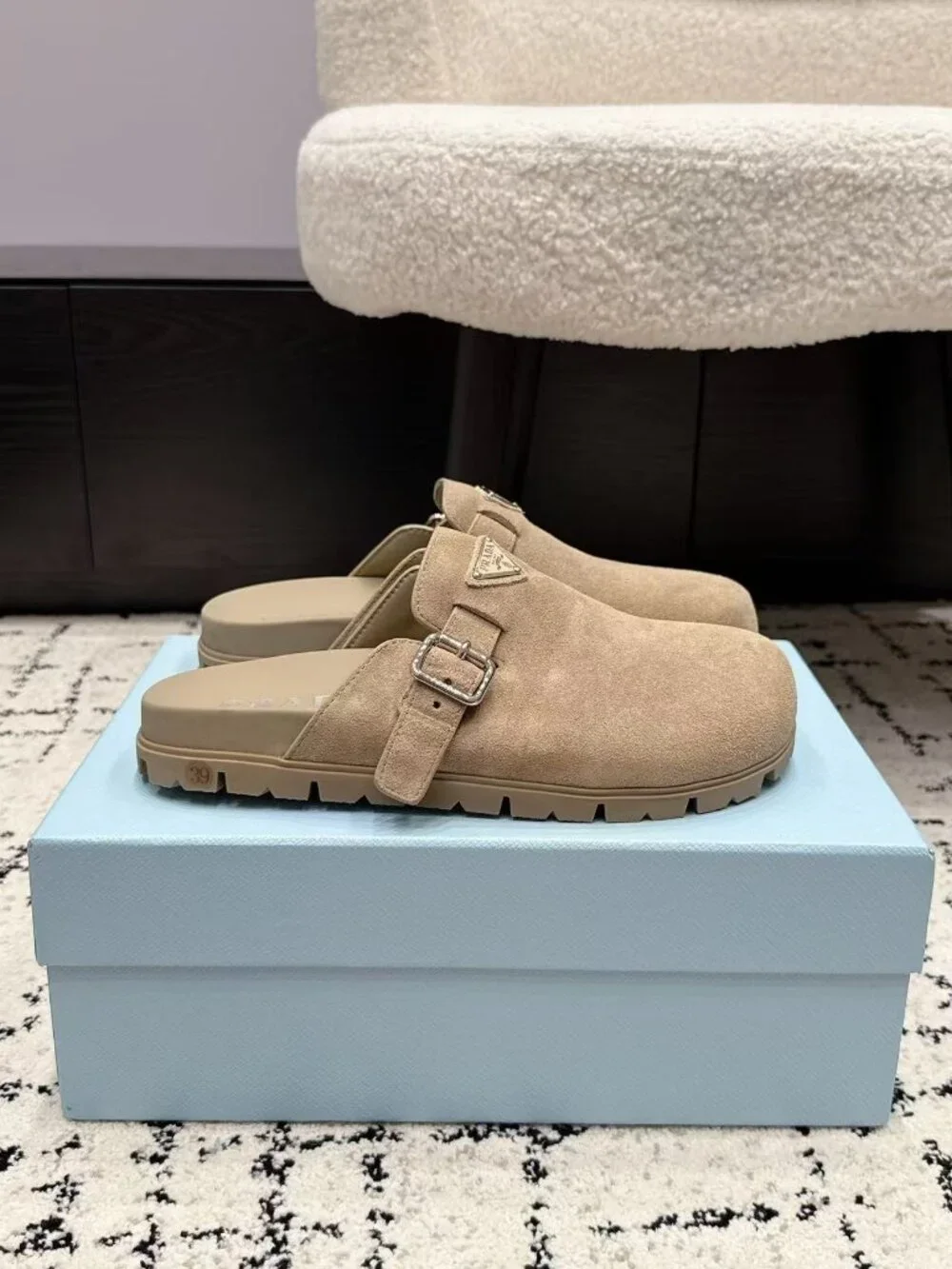 Prada Beige Suede Triangle Logo Buckle Slip-On Mule Clogs